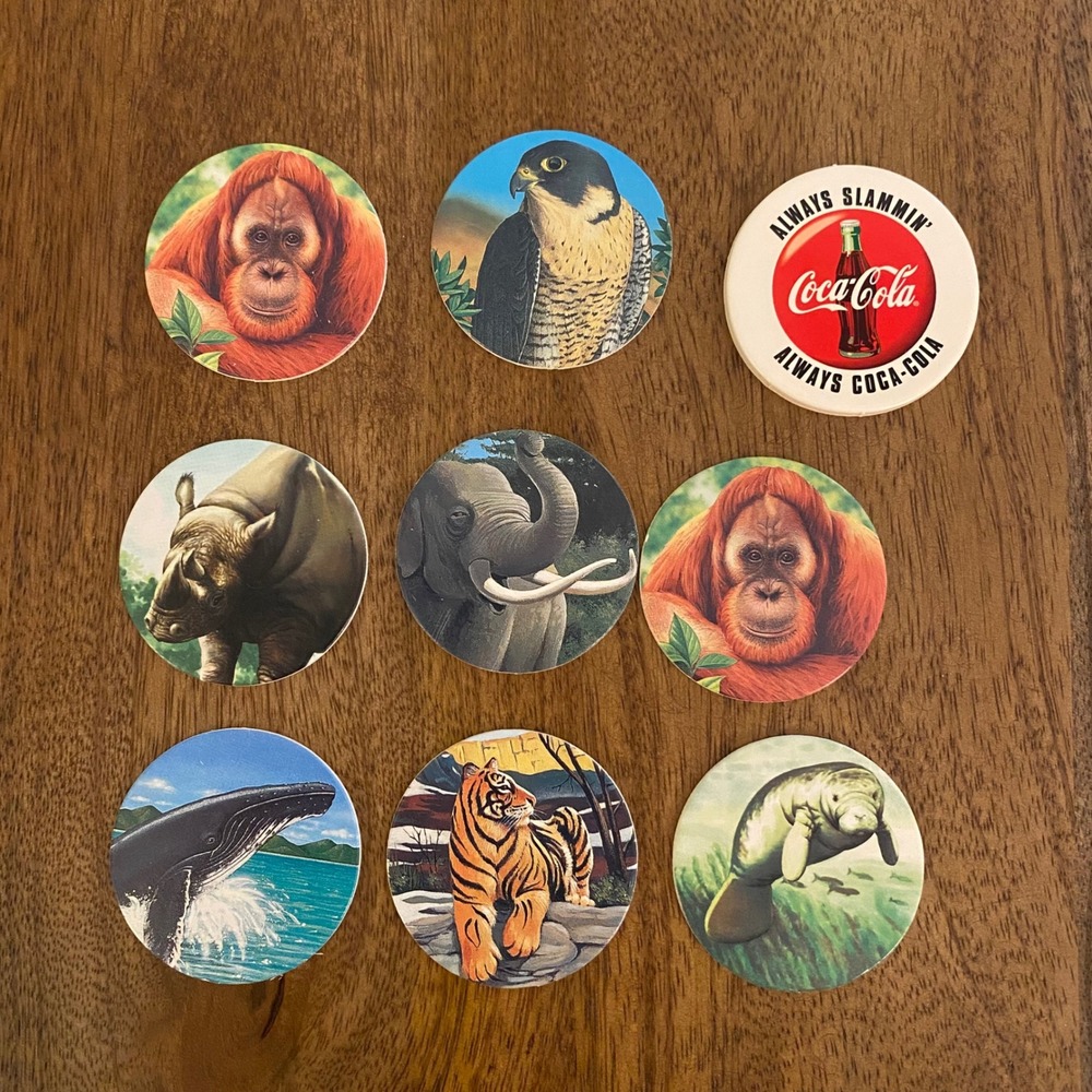 Vintage 1995 POG Holiday Inn Family Fun Wildlife Milk Caps Set Coca-Cola Slammer